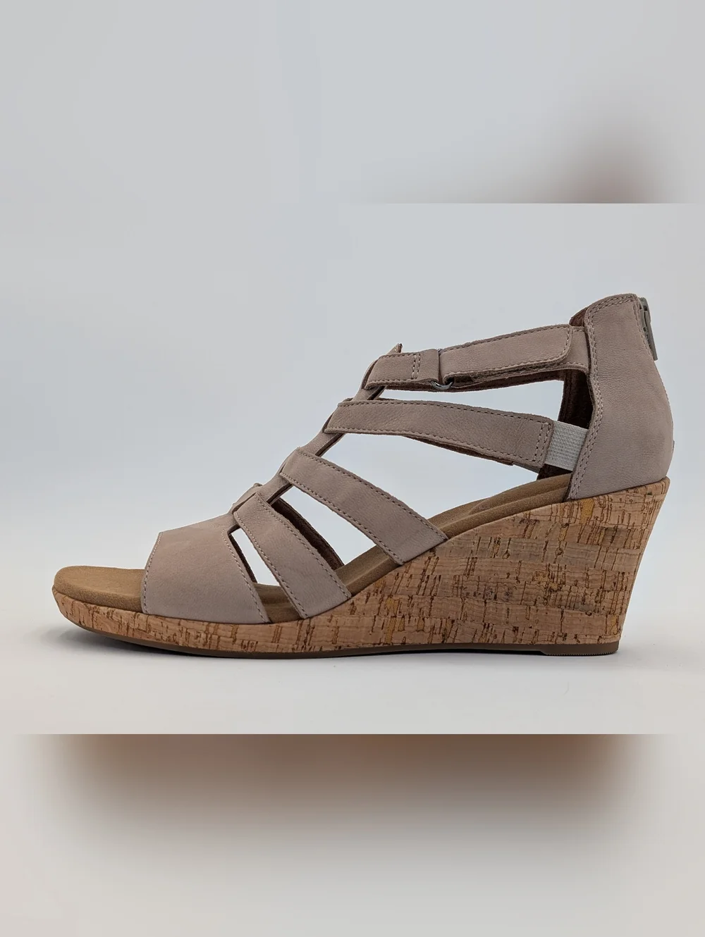 Rockport Briah Gladiator Sz 10 truTECH Taupe Strappy Cork Wedge Sandals Back Zip